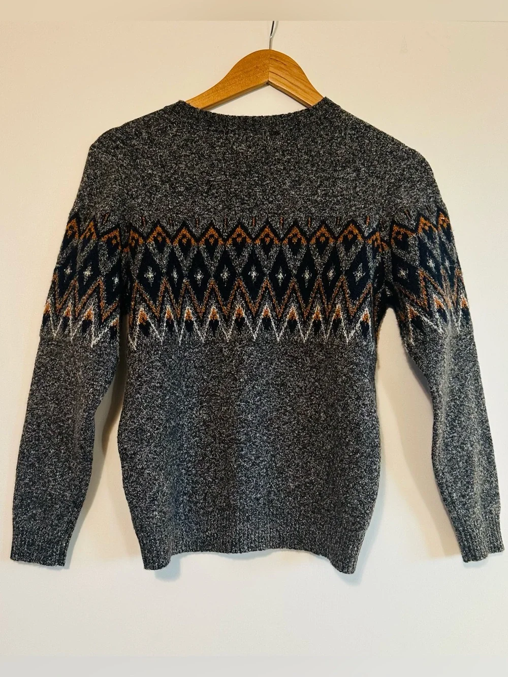 Old Navy Boy’s Charcoal Fair Isle Crewneck Sweater with Navy & Brown Pattern